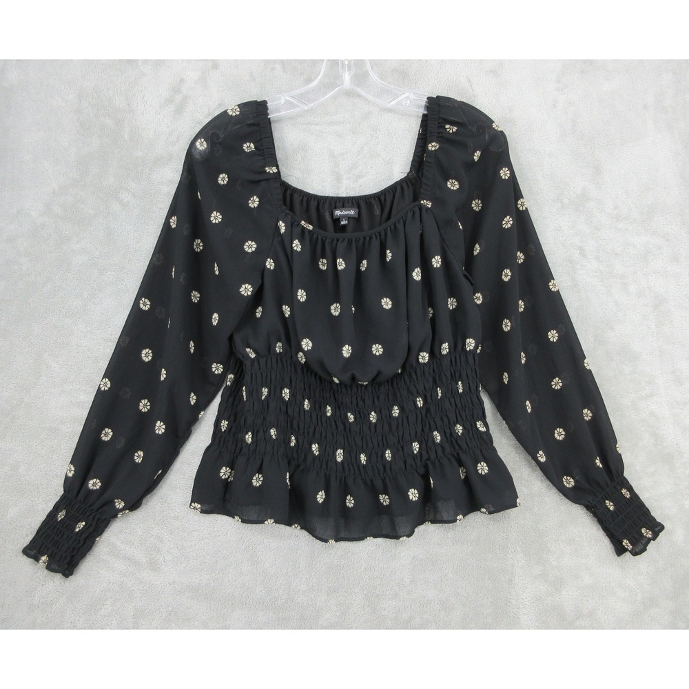 Madewell Top Womes Size L Black Floral Smocked Waist Puff Sleeve Boho Feminine